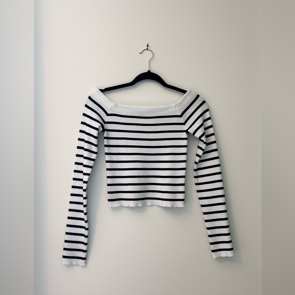 Aeropostale Black and White Striped Off-Shoulder Top